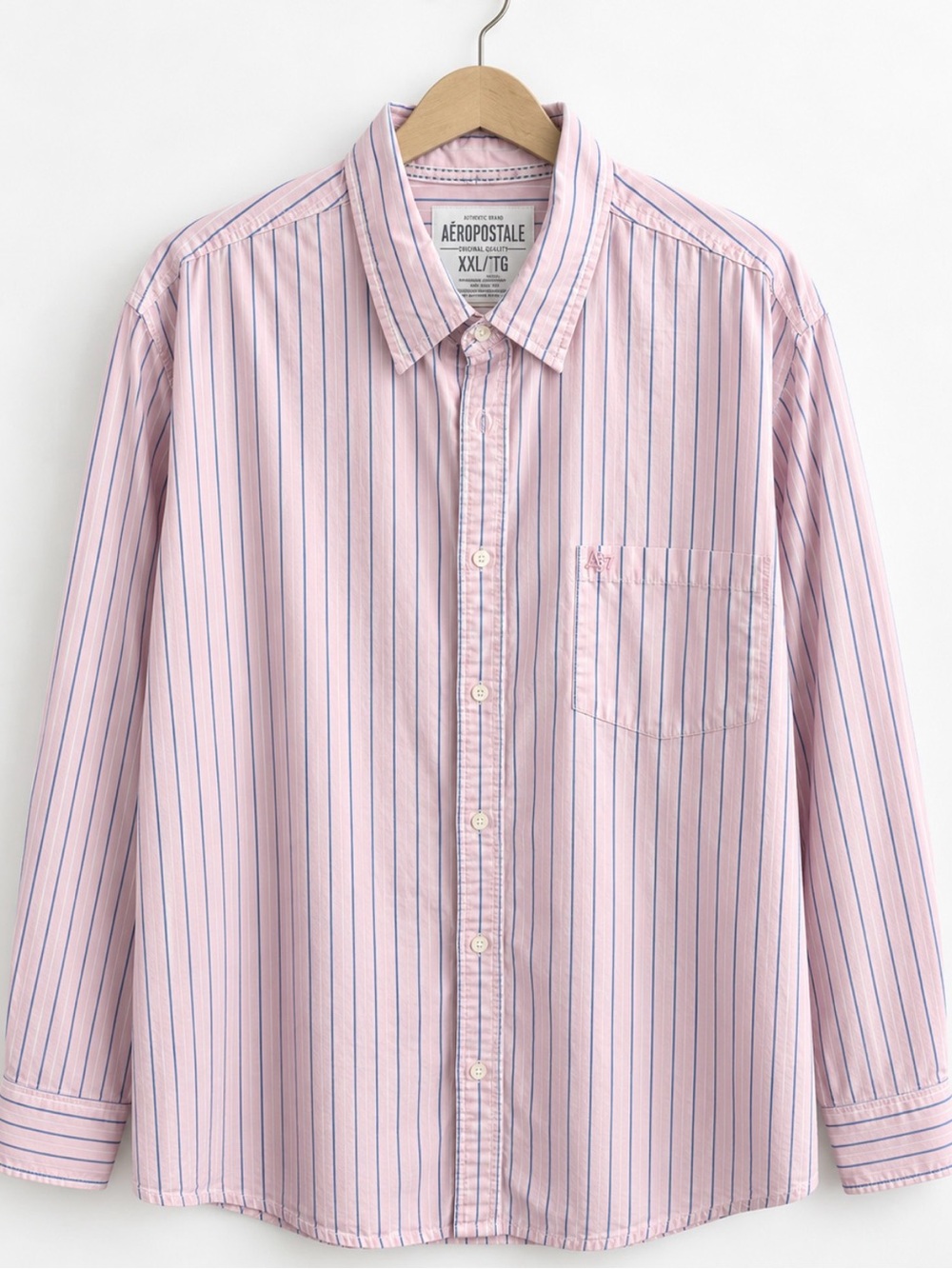 Aeropostale Men's Light Pink Button-Down Shirt with Blue Stripes
